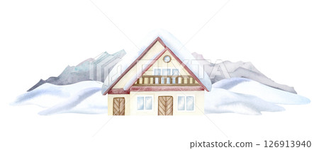 Winter mountains landscape with chalet house in snowdrifts watercolor illustration isolated on white. Vintage tourist cabin horizontal banner with wooden lodge building for holiday vacation designs Winter mountains landscape with chalet house in snowdrifts watercolor illustration isolated on white. Vintage tourist cabin horizontal banner with wooden lodge building for holiday vacation designs 126913940