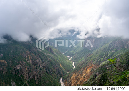 Colca Canyon and river in the mist and clouds, Peru Colca Canyon and river in the mist and clouds, Peru 126914001