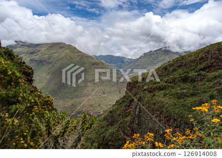 Scenic mountain landscape surrounding the historical site of Pisac, Peru 126914008