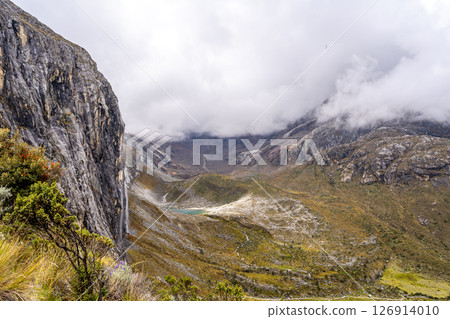 Waterfall cascading from snowy mountains on the Laguna 69 trek, Peru 126914010