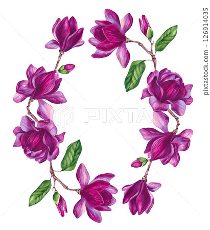 Watercolor bouquet magnolia and gold decorative illustration 126914035
