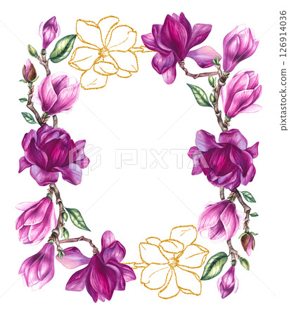 Watercolor bouquet magnolia and gold decorative illustration Watercolor bouquet magnolia and gold decorative illustration 126914036