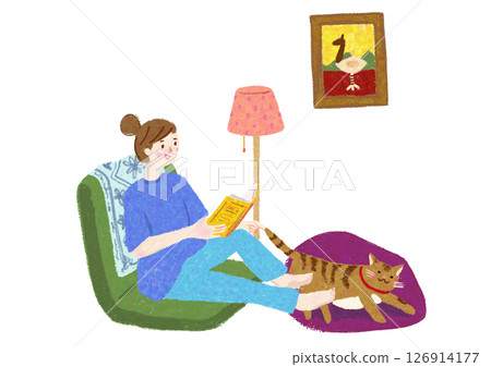 女人在房間裡和她的貓一起放鬆和讀書 126914177