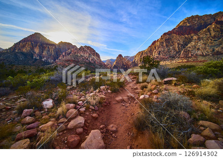 Red Rock Canyon Desert Path at Sunrise Eye-Level Perspective Red Rock Canyon Desert Path at Sunrise Eye-Level Perspective 126914302
