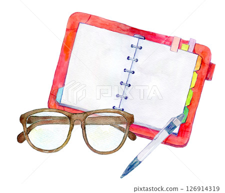 Watercolor illustration: Red schedule book and glasses Watercolor illustration: Red schedule book and glasses 126914319