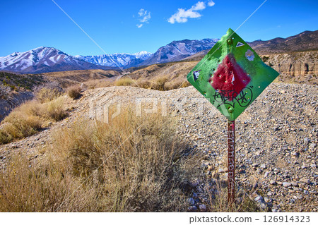 Desert Road Sign with Graffiti Bullet Holes and Snowy Peaks Eye-Level View Desert Road Sign with Graffiti Bullet Holes and Snowy Peaks Eye-Level View 126914323