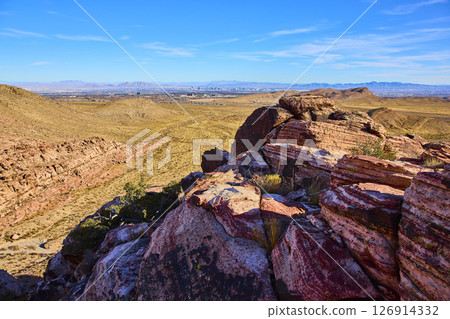 Red Rock Canyon Desert Panorama with Las Vegas Skyline from Above 126914332