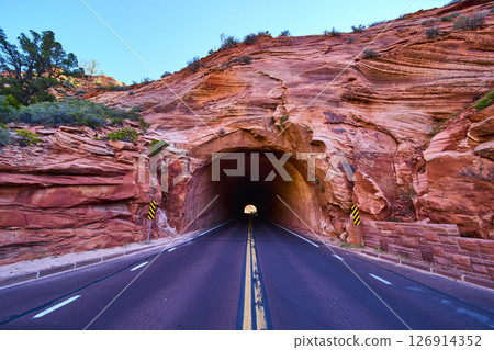 Tunnel Through Red Rock Formations Zion National Park Eye-Level View 126914352
