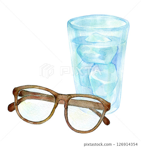 水彩插圖：一杯水和玻璃杯 126914354