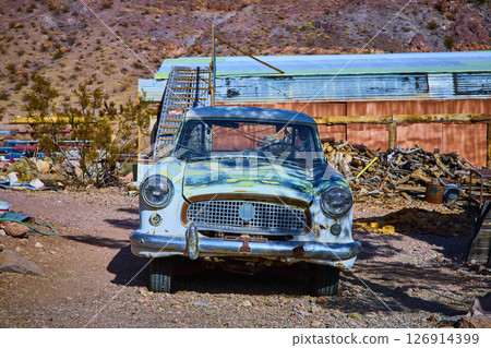 Vintage Car and Rustic Desert Scene in Nelson Nevada Eye-Level View 126914399