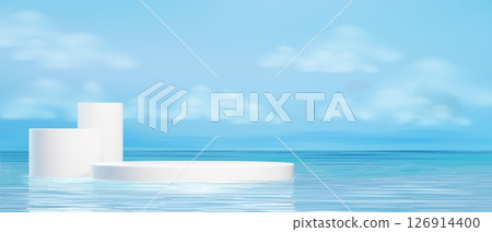 White podium floating on calm water surface 126914400