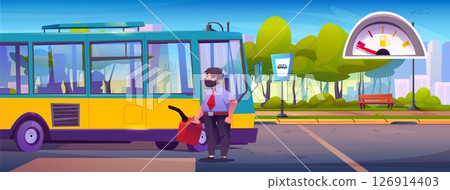 Bus driver fills vehicle with fuel from canister Bus driver fills vehicle with fuel from canister 126914403