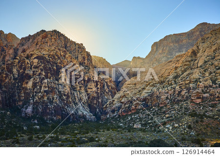 Rugged Red Rock Canyon Peaks at Sunrise Low Perspective View Rugged Red Rock Canyon Peaks at Sunrise Low Perspective View 126914464