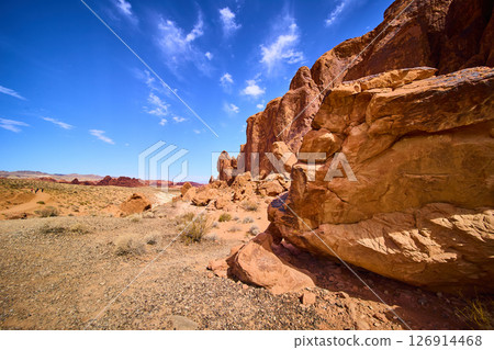 Sandstone Cliffs and Desertscape in Valley of Fire Eye-Level View Sandstone Cliffs and Desertscape in Valley of Fire Eye-Level View 126914468