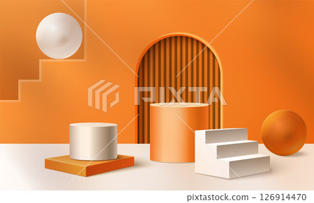 Round podium, geometric shapes in orange and white Round podium, geometric shapes in orange and white 126914470