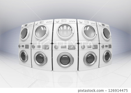 Laundromat room interior with fish eye lens effect. Commercial laundry service with rows of washing and dryer machines, blue tile wall and white floor. Dry cleaning optical distortion. 3D illustration Laundromat room interior with fish eye lens effect. Commercial laundry service with rows of washing and dryer machines, blue tile wall and white floor. Dry cleaning optical distortion. 3D illustration 126914475