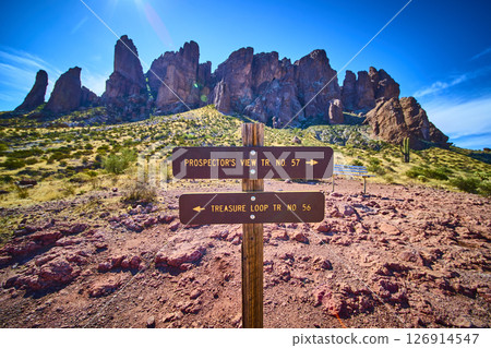 Desert Hiking Trail Sign Superstition Mountains with Saguaro Daytime Eye Level 126914547