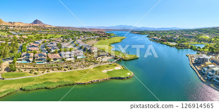 Aerial Luxury Homes Golf Course and Lake Panorama Fly Over 126914565