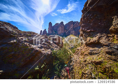 Superstition Mountains Desert Cliffs and Boulder Field Low Angle Perspective 126914586