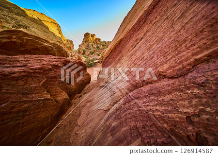 Slot Canyon Sandstone Walls and Blue Sky Low Path Perspective 126914587