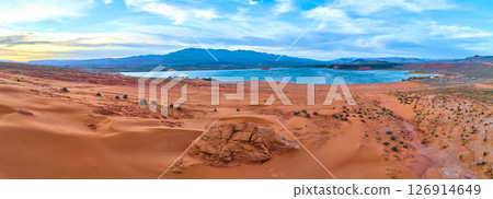 Aerial Red Sand Dunes Desert Lake Motion Panorama Sand Hollow Utah 126914649