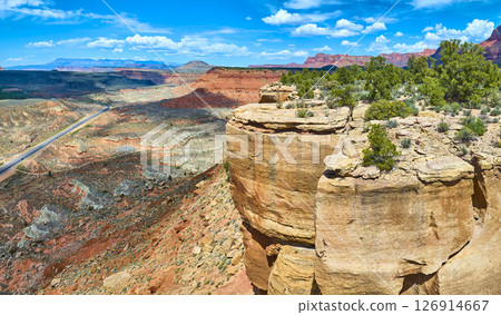 Aerial Fly Through Sandstone Canyon Cliffs Desert Highway Panorama Aerial Fly Through Sandstone Canyon Cliffs Desert Highway Panorama 126914667