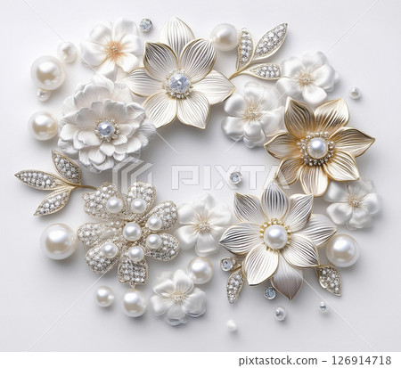 由珍珠、鑽石、黃金和白銀製成的白色花環裝飾 126914718