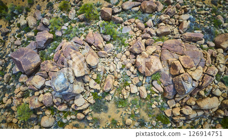 Aerial Desert Boulders and Sparse Vegetation Top Down View Aerial Desert Boulders and Sparse Vegetation Top Down View 126914751