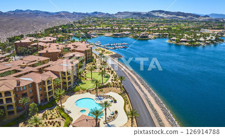 Aerial Waterfront Resort Homes Marina and Pool Oasis Fly Over Lake Las Vegas 126914788