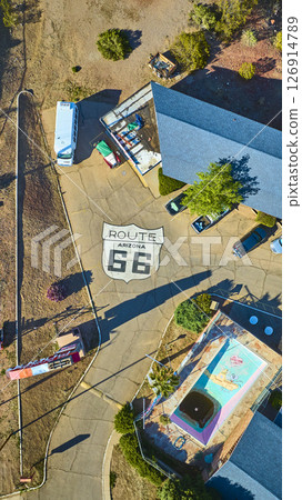 Aerial Route 66 Shield Vintage Motel and Abandoned Pool Top Down Motion Aerial Route 66 Shield Vintage Motel and Abandoned Pool Top Down Motion 126914789