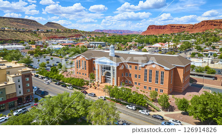 Aerial Red Brick Courthouse and Civic Center St George Utah Fly Over 126914826