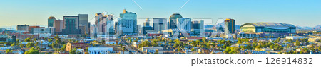 Aerial Downtown Phoenix Skyline Chase Field Panorama at Golden Hour Fly Through 126914832