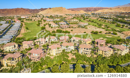 Aerial Upscale Golf Course Community with Desert Mountains Lake Las Vegas Aerial Upscale Golf Course Community with Desert Mountains Lake Las Vegas 126914880