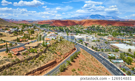 Aerial Fly Over St George Utah Suburbs Commercial Center and Red Rock Cliffs Aerial Fly Over St George Utah Suburbs Commercial Center and Red Rock Cliffs 126914881