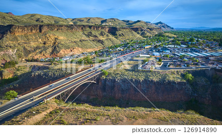 Aerial Highway Bridge Over Canyon and Small Town in Southern Utah Fly Through Aerial Highway Bridge Over Canyon and Small Town in Southern Utah Fly Through 126914890