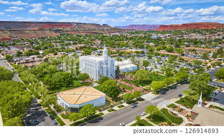 Aerial St George Utah Temple Community and Red Cliffs Fly Over 126914893