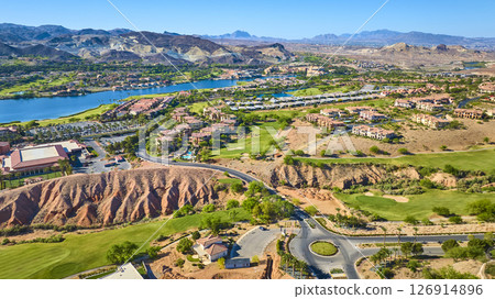 Aerial Luxury Desert Community Golf Course and Lake Oasis Fly Over Aerial Luxury Desert Community Golf Course and Lake Oasis Fly Over 126914896