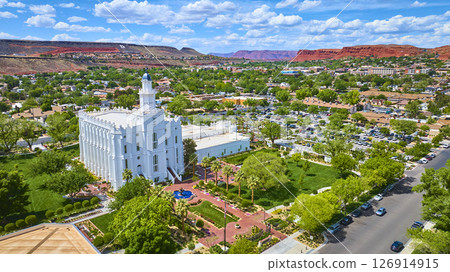 Aerial St George Utah Temple White Neoclassical Landmark with City and Red Rocks 126914915