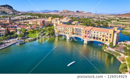 Aerial Waterfront Mediterranean Village and Lake at Lake Las Vegas Fly Over 126914929