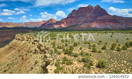 Aerial Desert Plateau and Red Rock Canyon with Lush Valley Panoramic View 126914932
