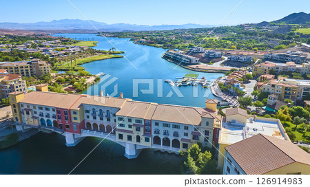 Aerial Waterfront Bridge and Resort Homes Lake Las Vegas Fly Over Aerial Waterfront Bridge and Resort Homes Lake Las Vegas Fly Over 126914983
