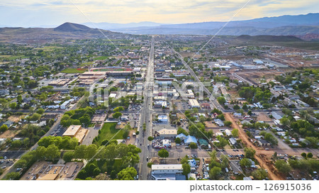Aerial Fly Through Small Town Main Street and Community in Southwestern Utah 126915036