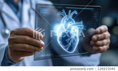 A doctor holds a glowing heart holographic in their hands. The concept of advanced medical technology, cardiology innovation, and digital healthcare solutions. Generative AI. 126915040