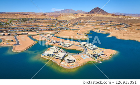 Aerial Luxury Waterfront Homes and Desert Lakefront Development Fly Over Aerial Luxury Waterfront Homes and Desert Lakefront Development Fly Over 126915051
