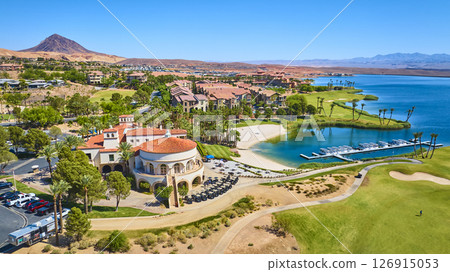 Aerial Luxury Lakeside Resort Golf Course and Marina Oasis Flyover Aerial Luxury Lakeside Resort Golf Course and Marina Oasis Flyover 126915053