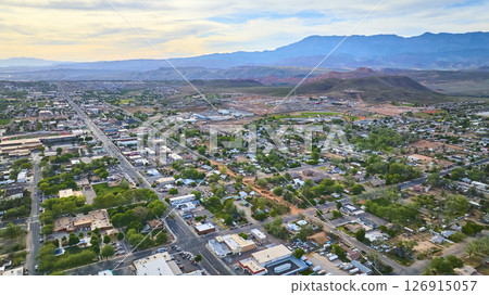 Aerial Small Town Residential Grid and Red Desert Mountains Hurricane Utah Aerial Small Town Residential Grid and Red Desert Mountains Hurricane Utah 126915057
