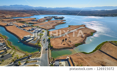 Aerial Construction Luxury Waterfront Homes Desert Lake and Mountain Landscape 126915072