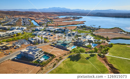 Aerial Luxury Lakefront Homes Golf Course Community Fly Over Aerial Luxury Lakefront Homes Golf Course Community Fly Over 126915073