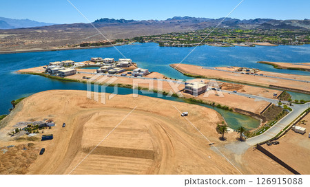 Aerial Waterfront Residential Construction and Desert Lake Community Fly Over 126915088