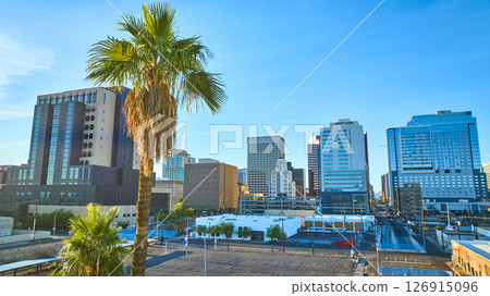 Aerial fly through Phoenix downtown skyline with palm trees at golden hour Aerial fly through Phoenix downtown skyline with palm trees at golden hour 126915096